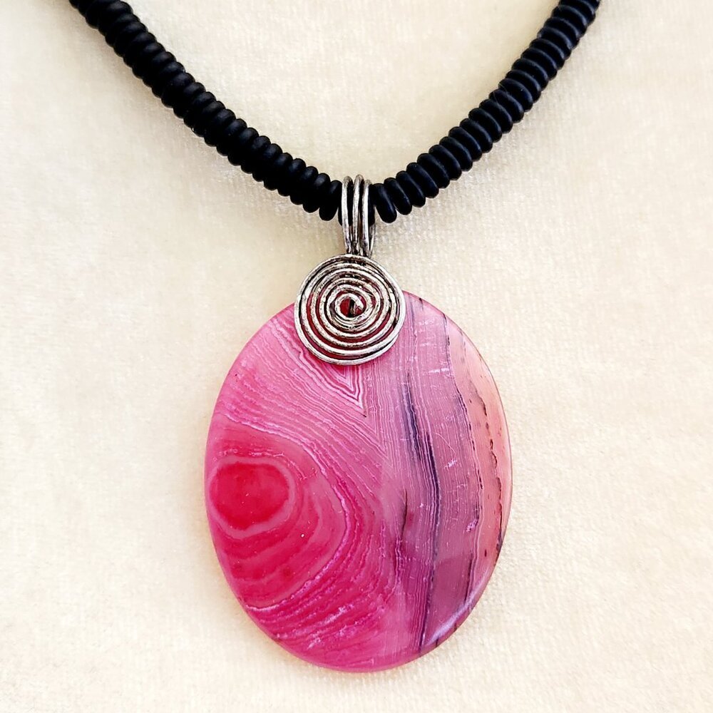 Pink Quench Crackled Quartz Artisan 925 Bale on Vintage Black Beaded Necklace